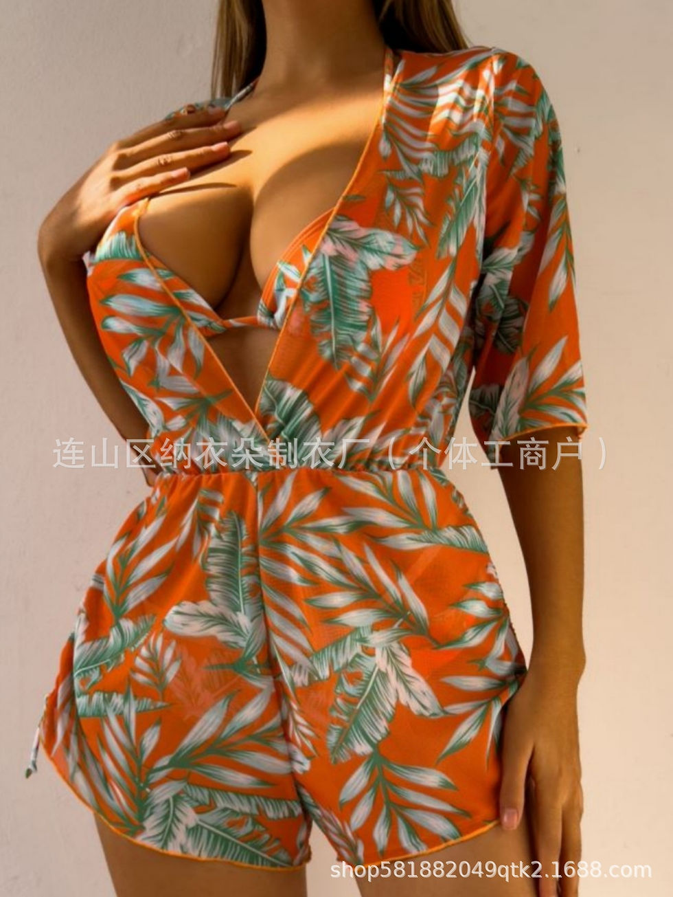 Thumbnail: Tropical Plant Print Bikini Set 3-Pieces - Bikini & Sheer Play