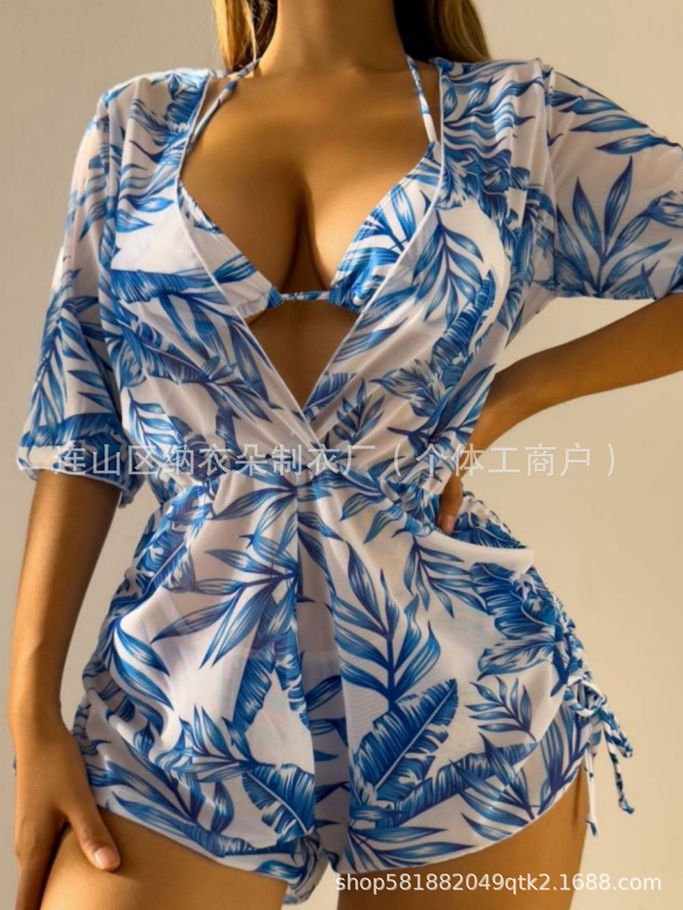 Thumbnail: Tropical Plant Print Bikini Set 3-Pieces - Bikini & Sheer Play