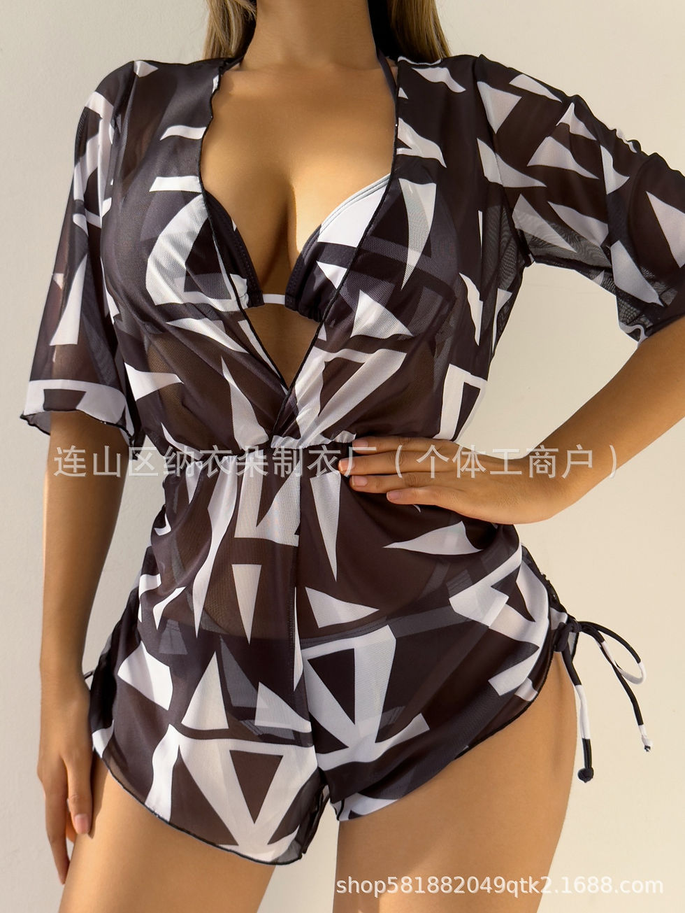 Thumbnail: Tropical Plant Print Bikini Set 3-Pieces - Bikini & Sheer Play