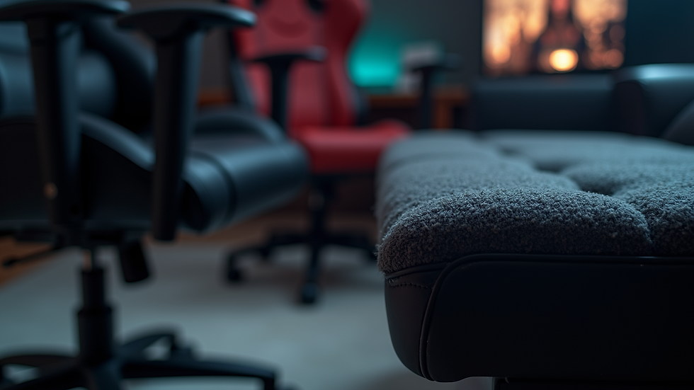 Close-up view of a gaming chair footrest extended with plush padding