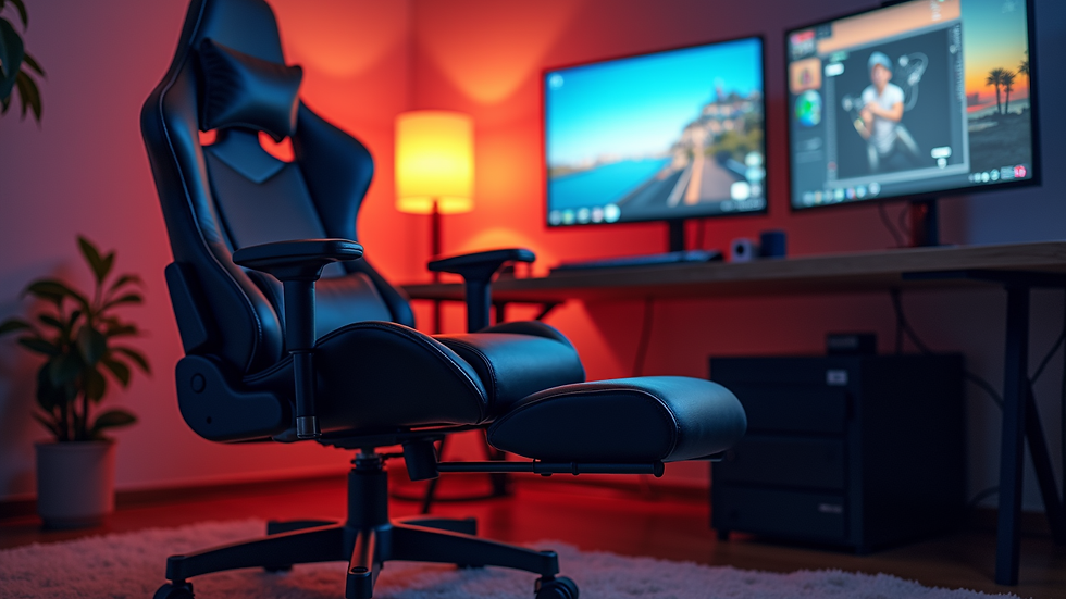 Eye-level view of a gaming chair with an extended footrest in a cozy gaming setup