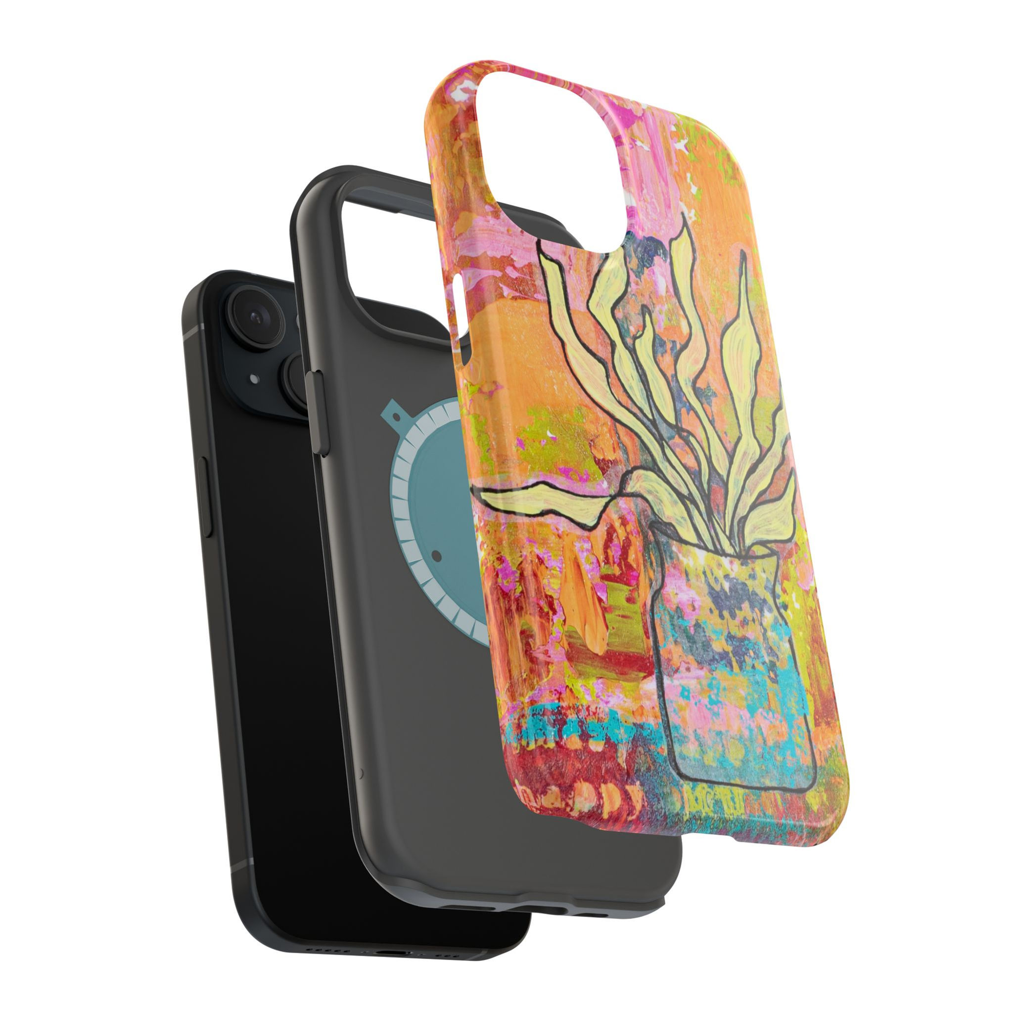 iPhone Case - Mixed Media Plant Design with Vibrant Abstract Background