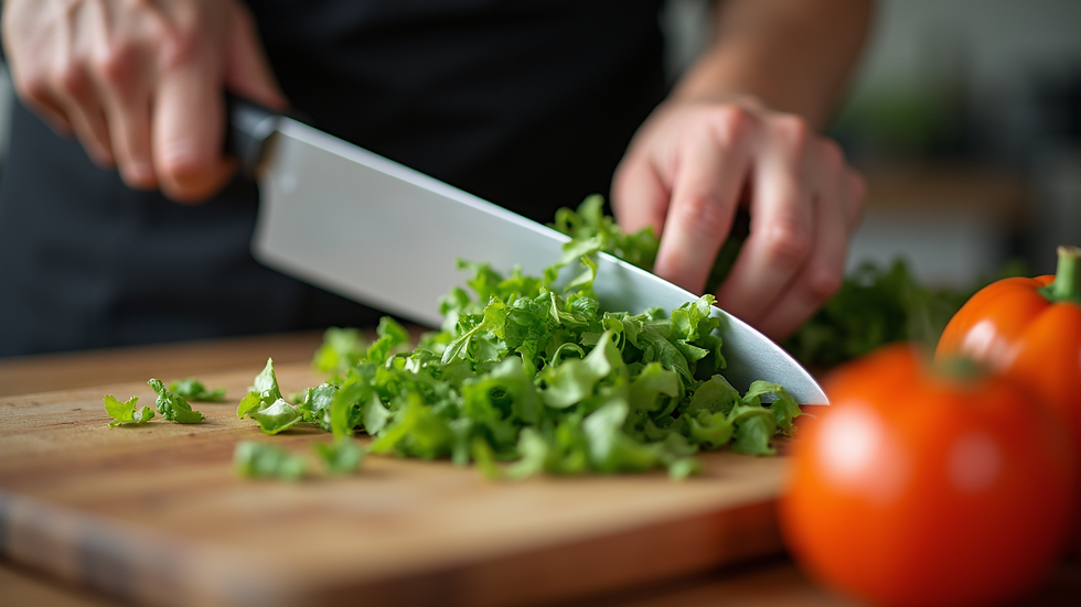 Close-up view of a chef’s knife cutting fresh vegetables on a wooden board