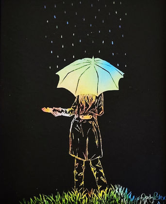 a woman under an umbrella with hand extending to see if it is raining.  Rain falls only on the umbrella.