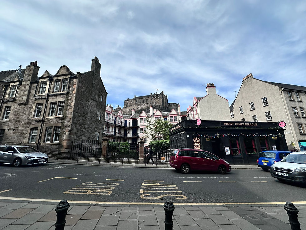 A castle on a hill in the distance with a blue and white sky behind it. In the middle ground are cute pink flats and some buisnessess, in the foreground cars are passing on a busy road. 