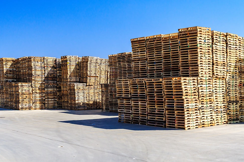 multiple stacks of recycled pallets