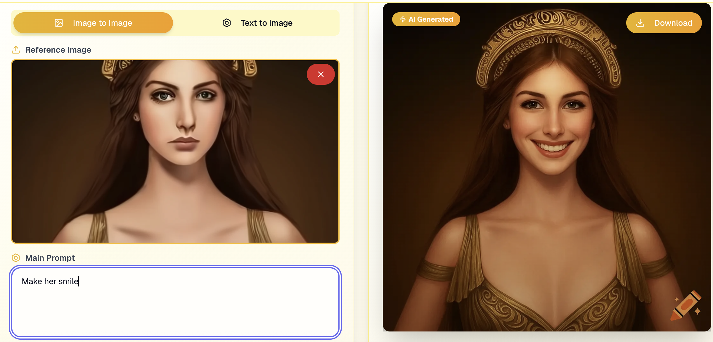 Input Image: Ancient Greek Lady
Output Image : A smiling face of the ancient greek lady