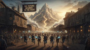 Pioneers of the digital frontier rush towards the towering opportunities of artificial intelligence, embodying the spirit of the gold rush in a technological era.