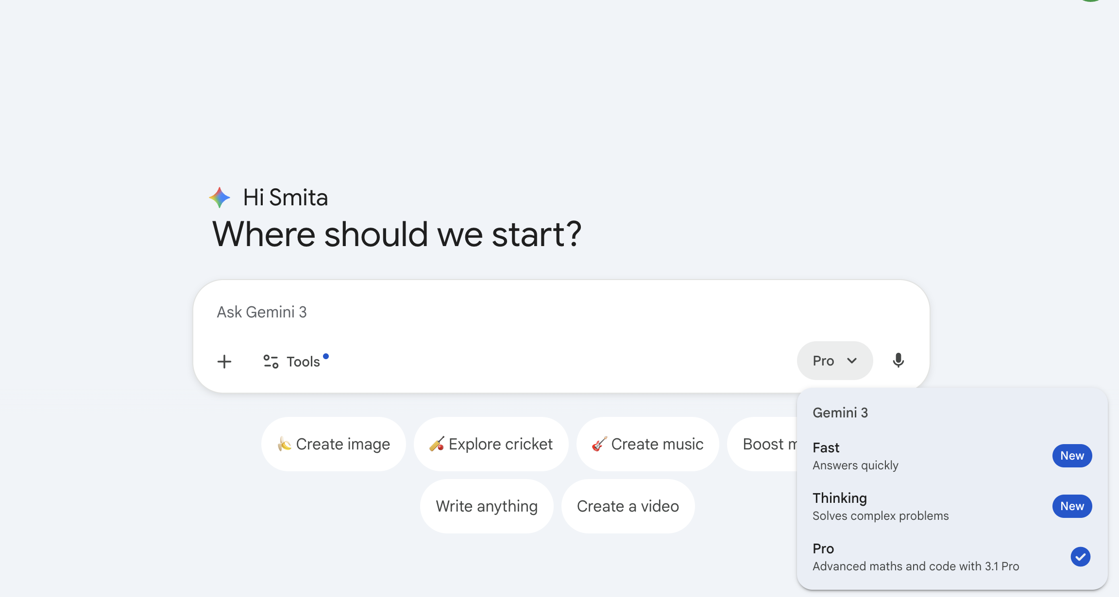 prompts. Options: Create image, Explore cricket, Create music. Gemini 3.1 menu visible.