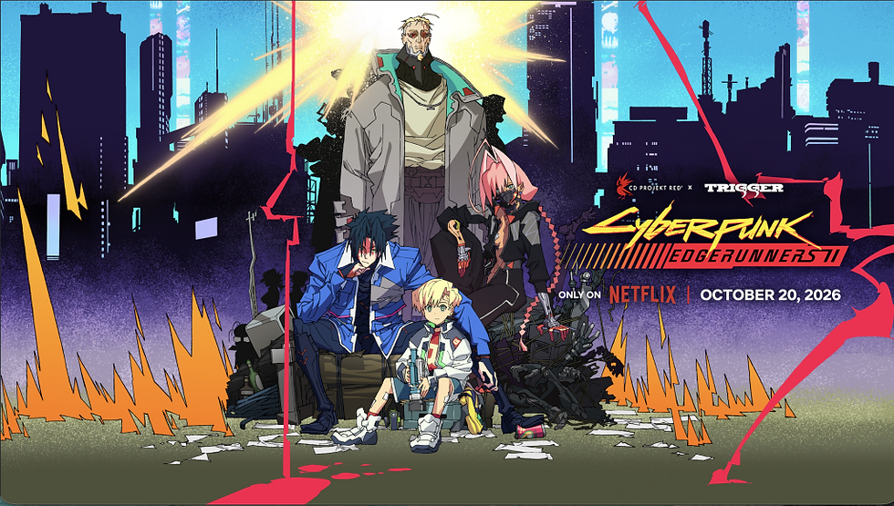 Cyberpunk: Edgerunners 2 promotional art from CD PROJEKT RED’s premiere-date announcement. Image via CD PROJEKT RED. © CD PROJEKT RED / TRIGGER / Netflix.