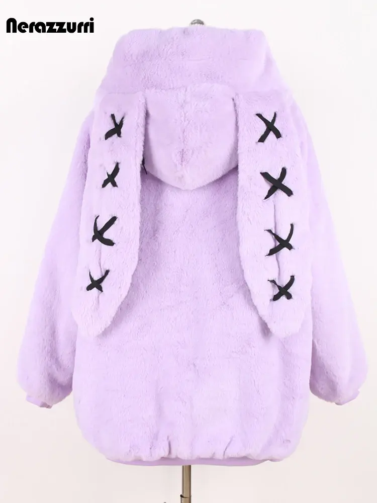 Thumbnail: Nerazzurri Autumn Winter Sweet Cute Kawaii Soft Thick Warm Faux Fur Coat Women