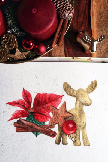 Thumbnail: Weihnachtskunstwerk mit dekorativen, festlichen Elementen, Hirsch, Weihnachtsstern, Weihnachtskugel, Zimtstern mit Goldfarben