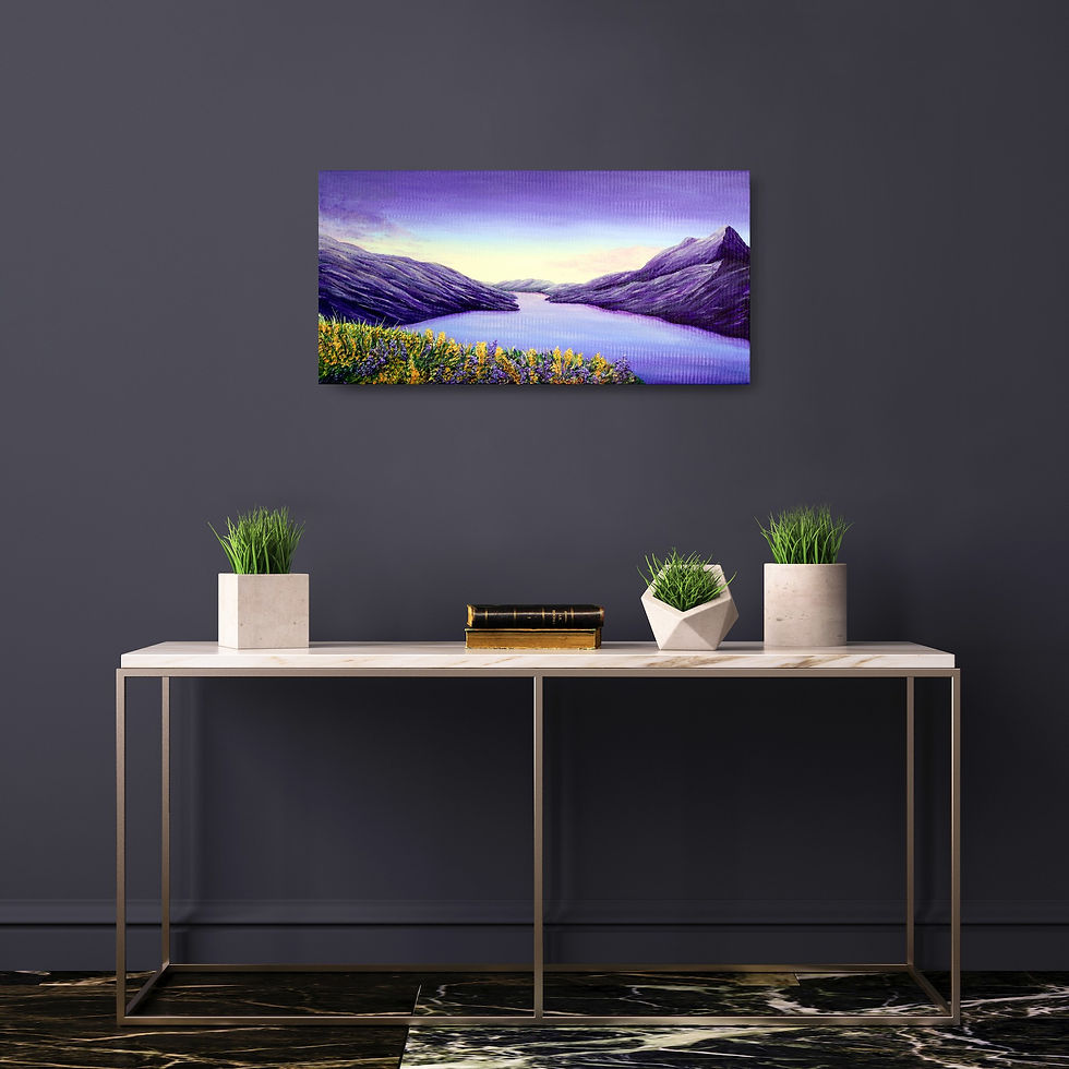 Miniaturbild: Original Kunstwerk aus Acrylfarben in den Farbtönen lila, gelb und orange, Fjord im Sonnenuntergang mit Blumen im Vordergrund