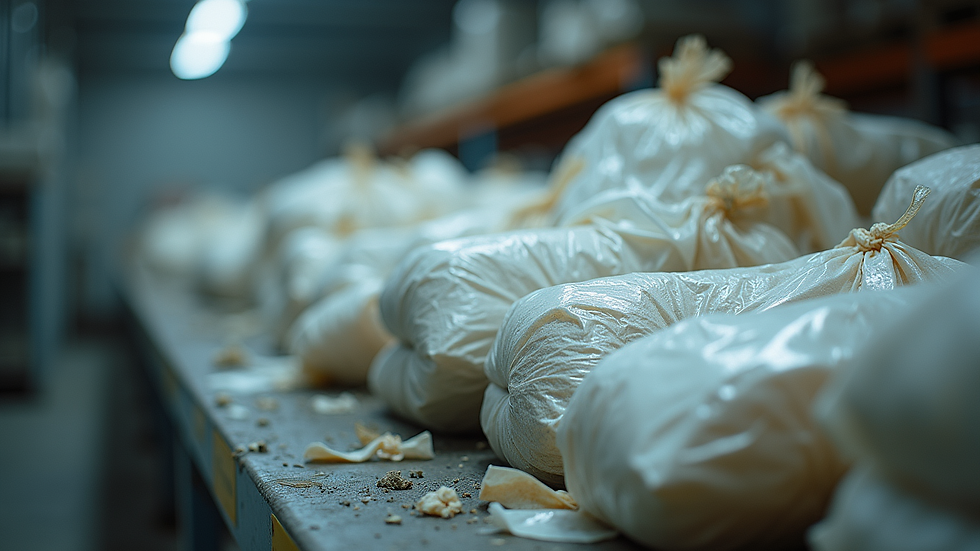 Close-up view of sealed asbestos waste bags ready for disposal