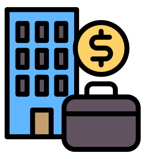 A symbol representing a corporate building is accompanied by an image of a suitcase and a monetary symbol.