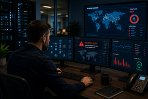 IT professional reviewing business network security data and monitoring cybersecurity threats on multiple computer screens.
