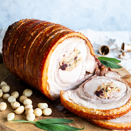 roast pork loin with macadamia and cranberry stuffing