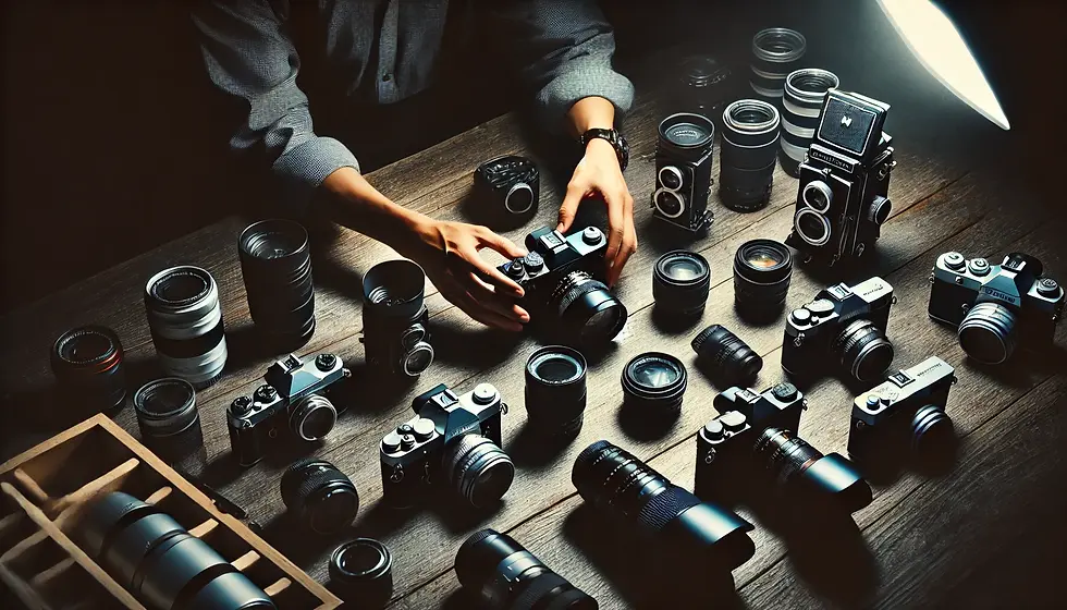 Hands adjust a vintage camera on a wooden table surrounded by various lenses and cameras, under warm lighting. Mood: nostalgic and focused.