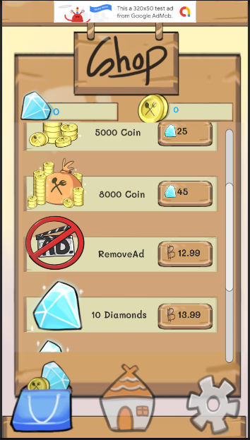 Figure 5: In-game shop UI featuring monetization through Diamonds and AdMob banners.