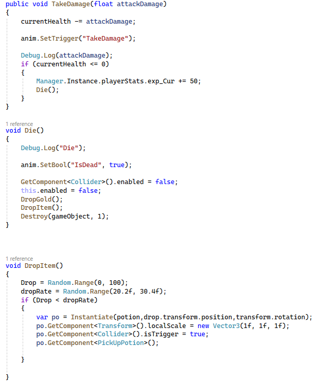 Figure 6: Enemy Hitbox and Loot System. Features tag-based damage processing, optimized death sequences, and randomized potion or gold drops.