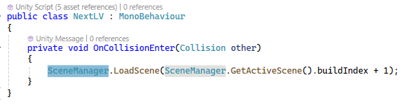 Figure 3: Scene transition demonstration showing the player interacting with a trigger object to activate the SceneManager loading logic.