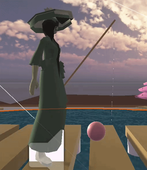 Figure 2: Example of the fishing line physics using a Hinge Joint in Unity, allowing the hook and line to swing naturally based on the character’s movement.