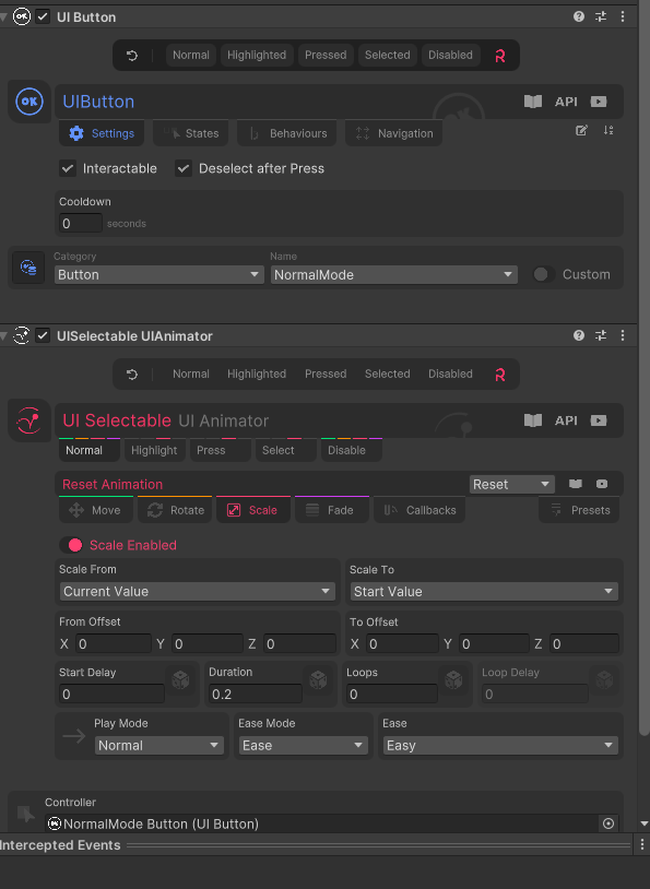Figure 7: Inspector view of Doozy UI components for button states and animations.