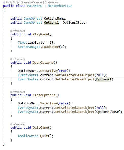 Figure 24: Main Menu interface and controller logic for scene management, time scale reset, and application exit functions.