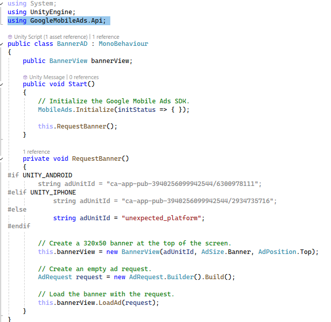 Figure 4: AdMob Banner Ad configuration for Android and iOS platforms.