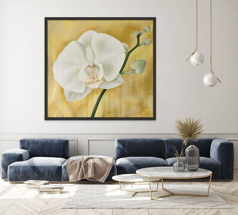 An oversized oil painting by Karlalise Horstmans called INTO THE HEART OF MATTERS which features an oversized orchid set against a yellow gold background featuring beautiful ancient-looking glyphs or symbols or codes
