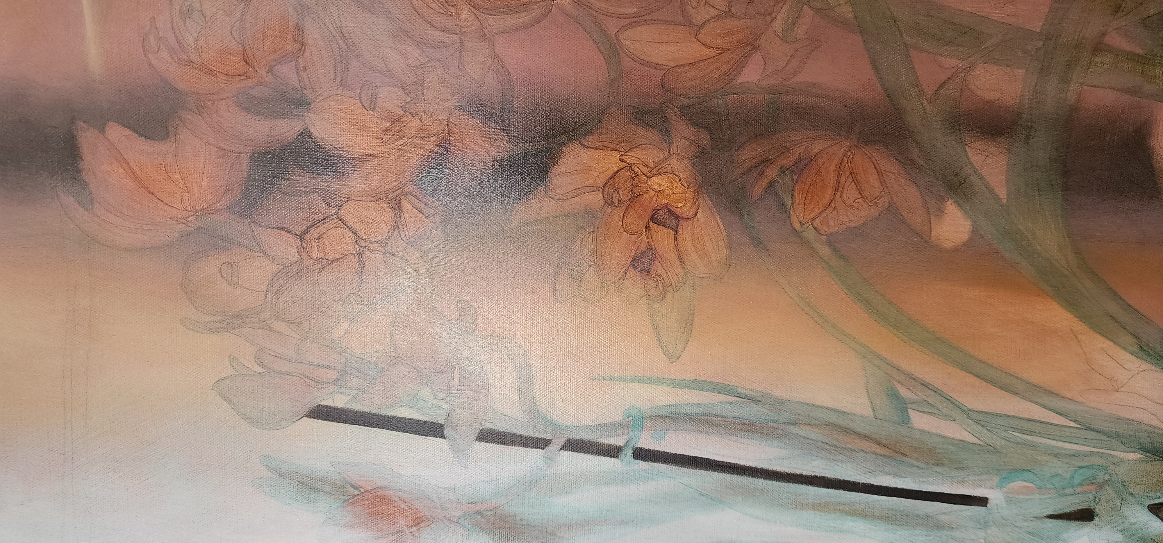 A work in progress by oil painter Karlalise Horstmans featuring the outlines of orchids