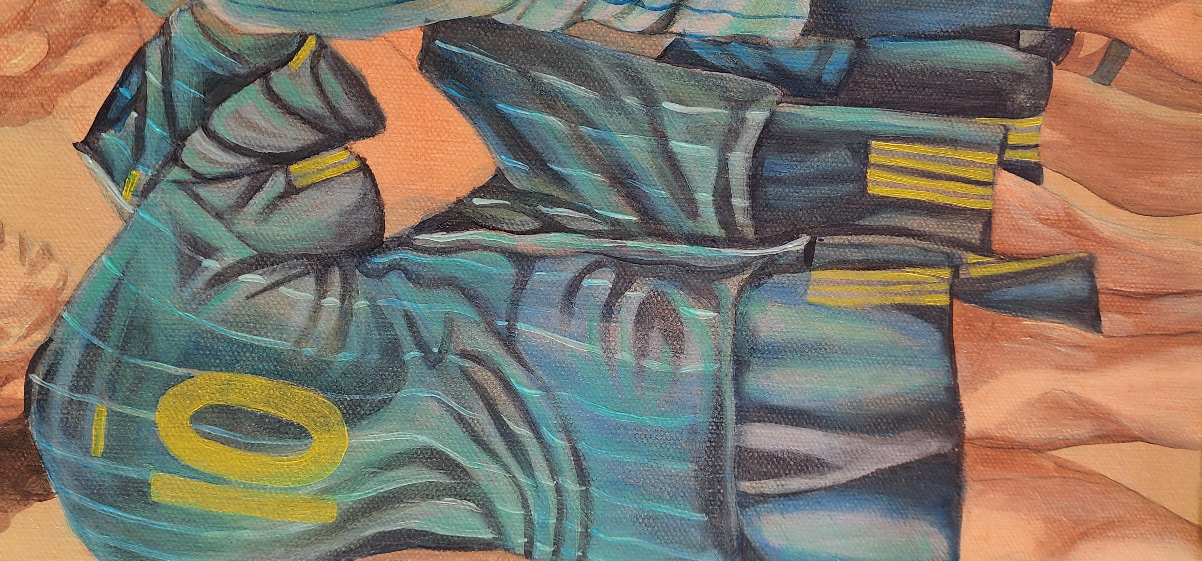 A work in progress shot of an oil painting called GAME DAY by Karlalise Horstmans