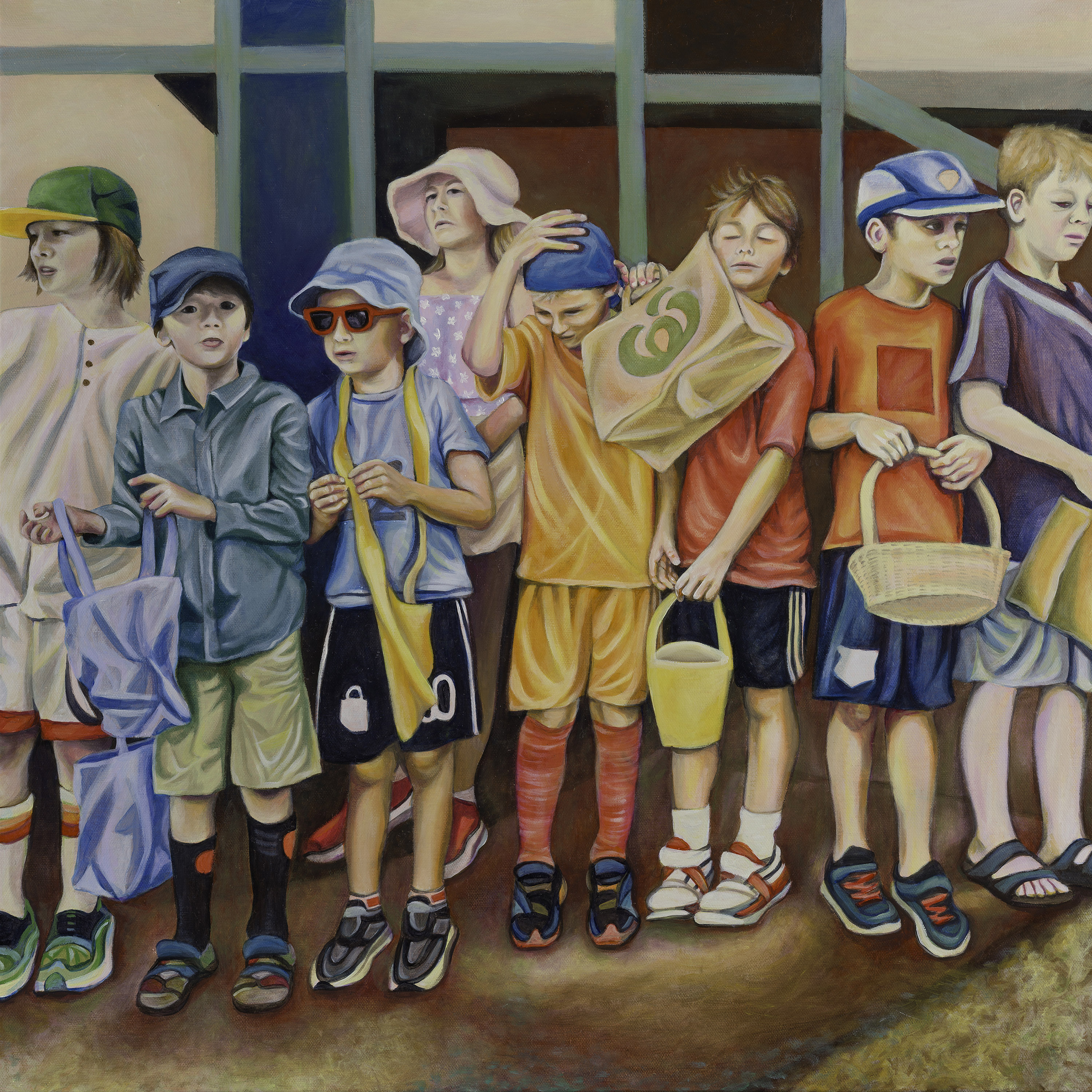 An oil painting by New Zealand artist Karlalise Horstmans, called BEFORE THE HUNT featuring a group of children waiting with makeshift baskets for the annual Easter Egg Hunt at their local school