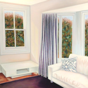 Oil painting by contemporary New Zealand artist Karlalise Horstmans featuring an interior scene with a villa window and empty table top. Available - contact the artist for details / prices.
#painting 
#villaart 
#karlalise 
#horstmans