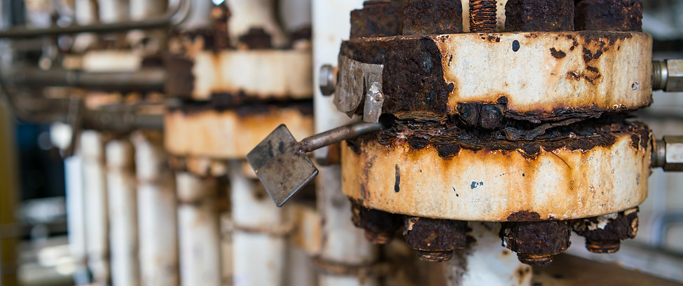 Close-up of corroded steel pipe, corrosion of steel, general corrosion, offshore petroleum
