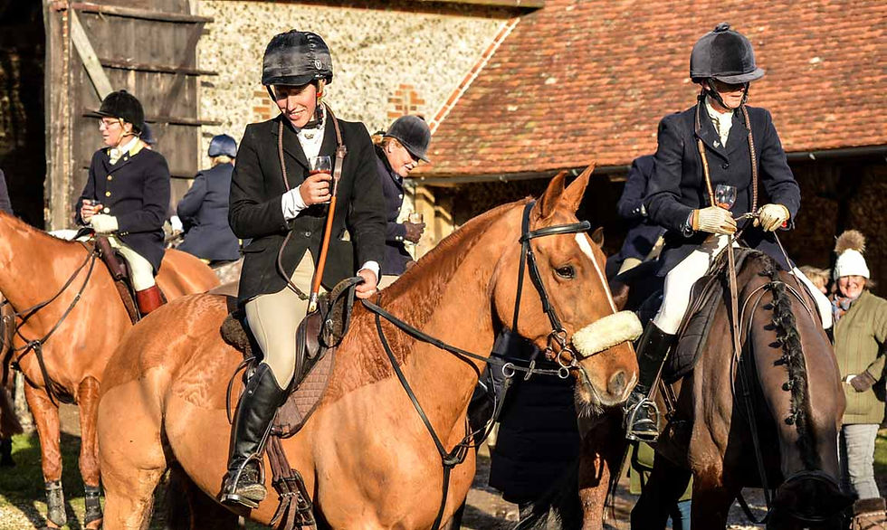 A rider wearing a black hunting jacket, beige breeches, and a black riding helmet sits on a chestnut horse. The rider holds a glass in one hand and the reins in the other, looking down slightly with a relaxed expression. The horse stands quietly, its coat gleaming in the sunlight.