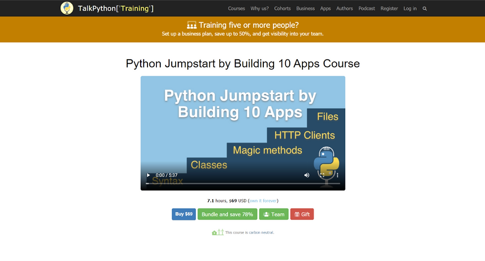 A screenshot of the home page of Python Jumpstart by Building 10 Apps Online Course website