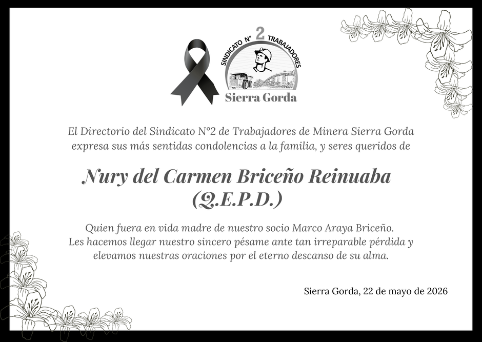 Condolencia Nury del Carmen Briceño Reinuaba (Q.E.P.D.)