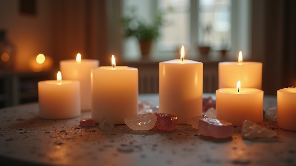 Eye-level view of a peaceful sacred space with candles and crystals arranged neatly