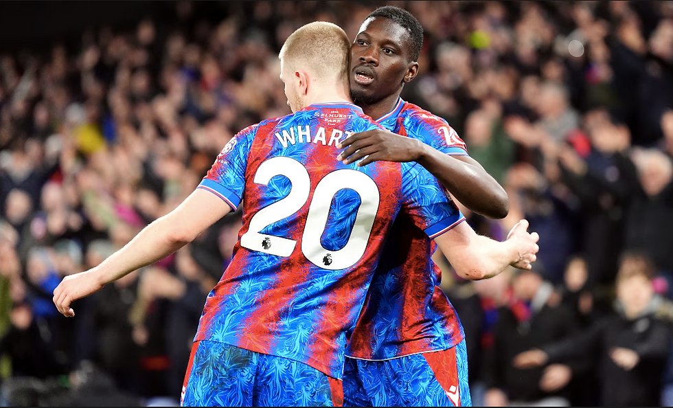Ismaïla Sarr celebrates scoring the first of his two goals in Palace’s 4-1 win against Villa. Photograph: Zac Goodwin/PA
