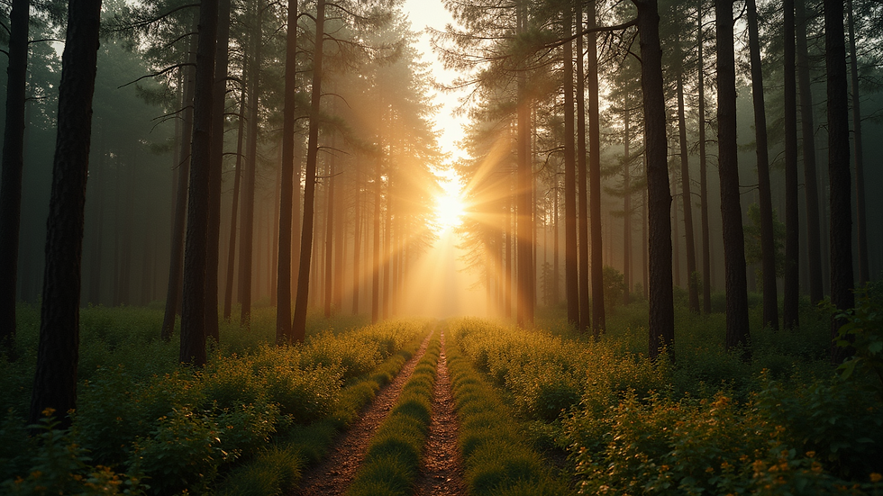 Wide angle view of a tranquil forest captured at dawn