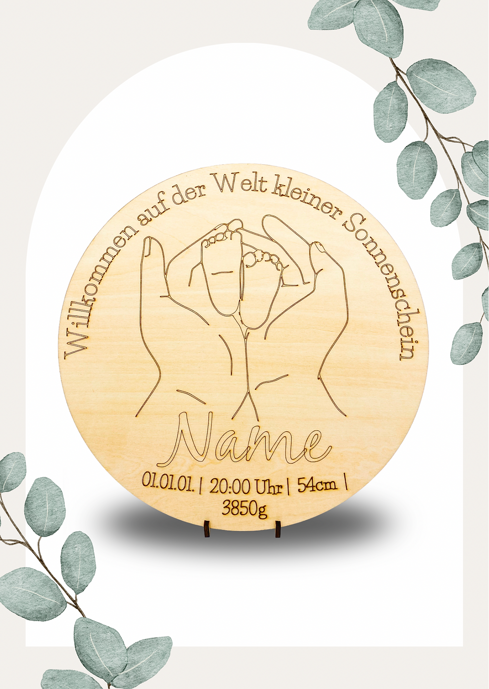 Personalisertes Geburtsgeschenk mit Gravur der Babyfüße und Geburtsdaten