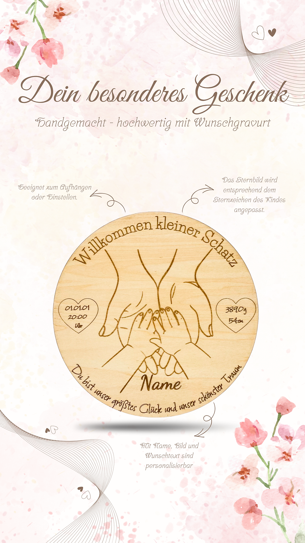 Miniaturbild: Holzschild personalisiert Muttertagsgeschenk Hände Mutter Kind Gravur mit Wunschtext und Geburtsdaten