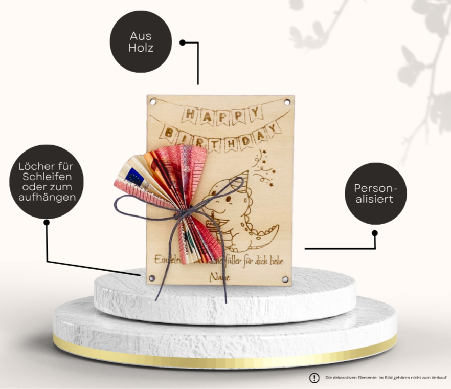 Holzkarte mit Geldgeschenk, Dino-Motiv, "Happy Birthday"-Schriftzug, personalisert