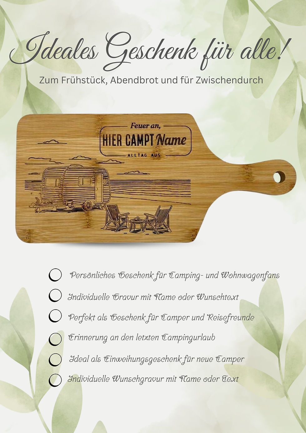 Miniaturbild: rühstücksbrett Camping Motiv personalisiert mit Name und Wunschtext