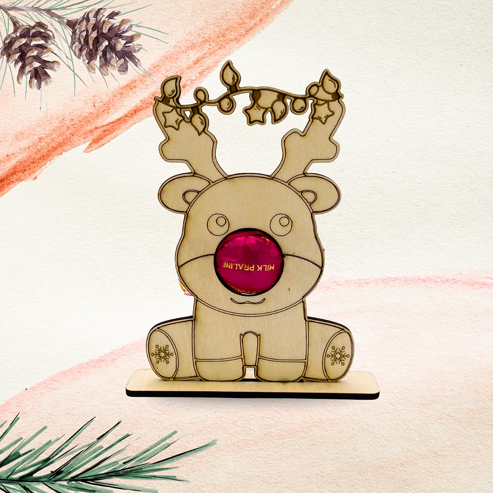 Personalisiertes Rentier aus Holz mit Gravur – süßes kleines Weihnachtsgeschenk mit Schokoladennase