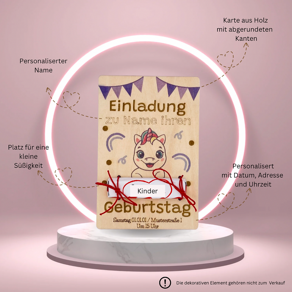 Personalisierte Einhorn-Geburtstagseinladung aus Holz mit Namen