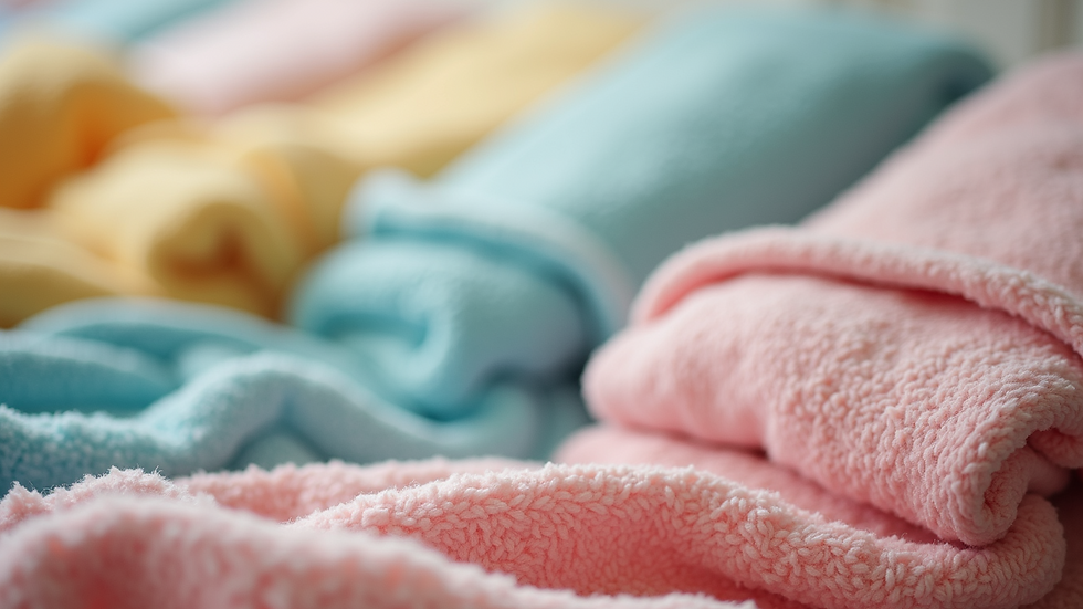 Close-up view of colorful baby blankets folded neatly