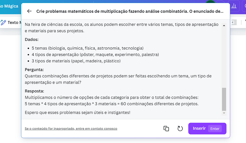 Resultado da criação de probleminhas da IA do Canva
