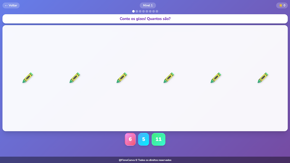 Tela do Jogo de Contar, com 6 lápis e botões para escolha da resposta certa
